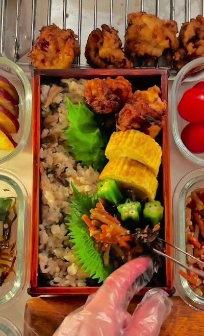 オクラの手前に細切りのおかずとひじきが加わったところ