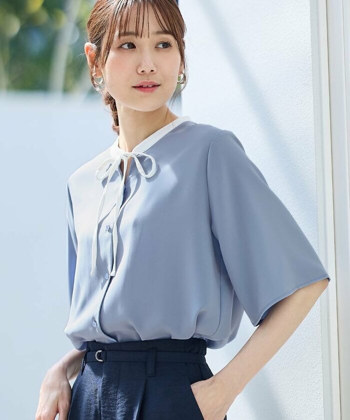 ハニーズ公式　5分袖配色リボンブラウス