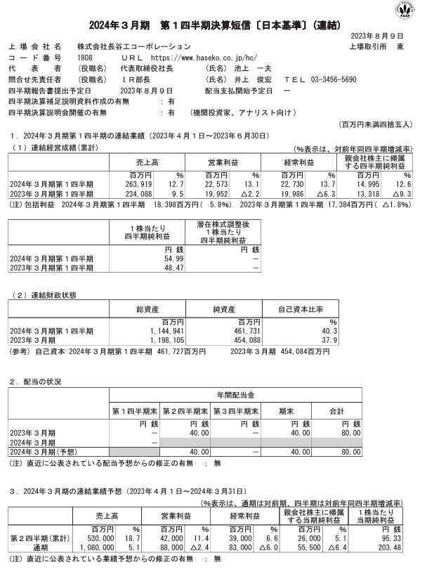 出所：株式会社長谷工コーポレーション「2024年3月期 決算短信〔日本基準〕(連結)」
