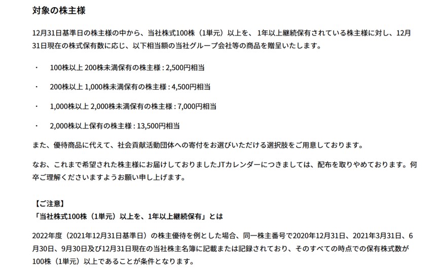 出所：日本たばこ産業株式会社「株主優待」