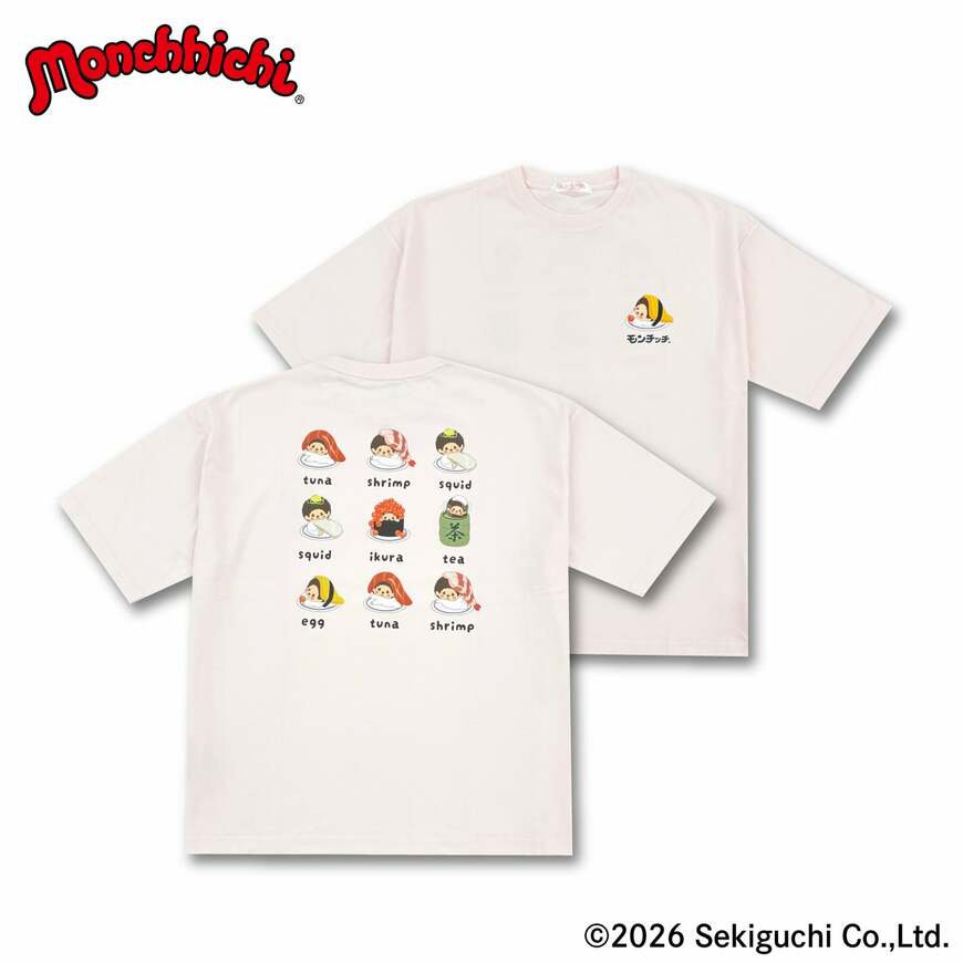 9連お寿司プリント「モンチッチ」半袖Tシャツ（ピンク）