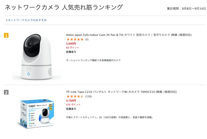 ビックカメラ.comの「ネットワークカメラ」ランキングで2位