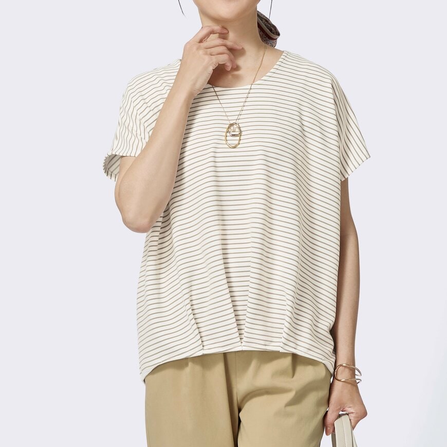 バンブー接触冷感ボーダー裾タックプルオーバー