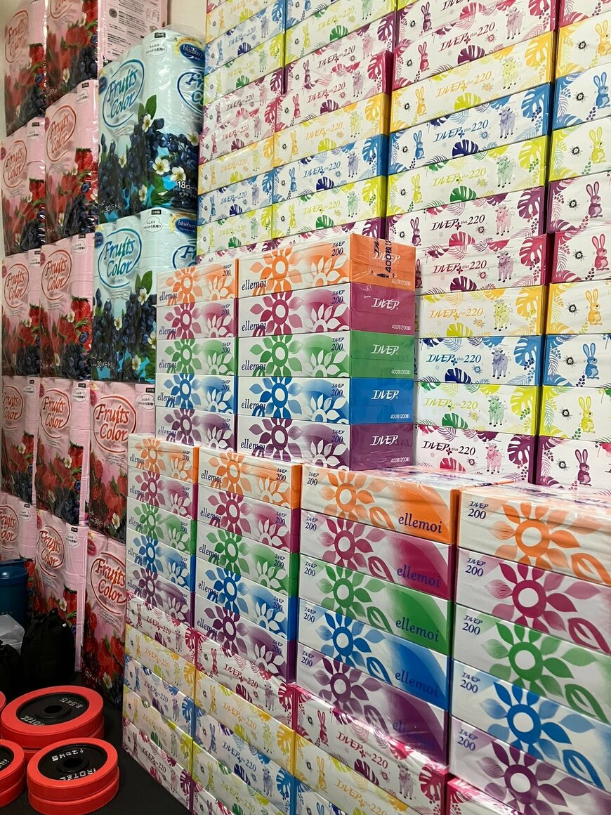 壁が見えないほどのティッシュやトイレットペーパー