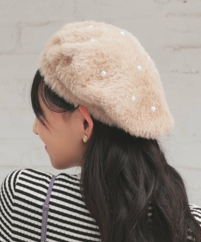 パール付シャギーベレー帽