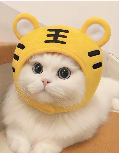 トラのかぶり物をかぶってまんまるお目目で見つめています