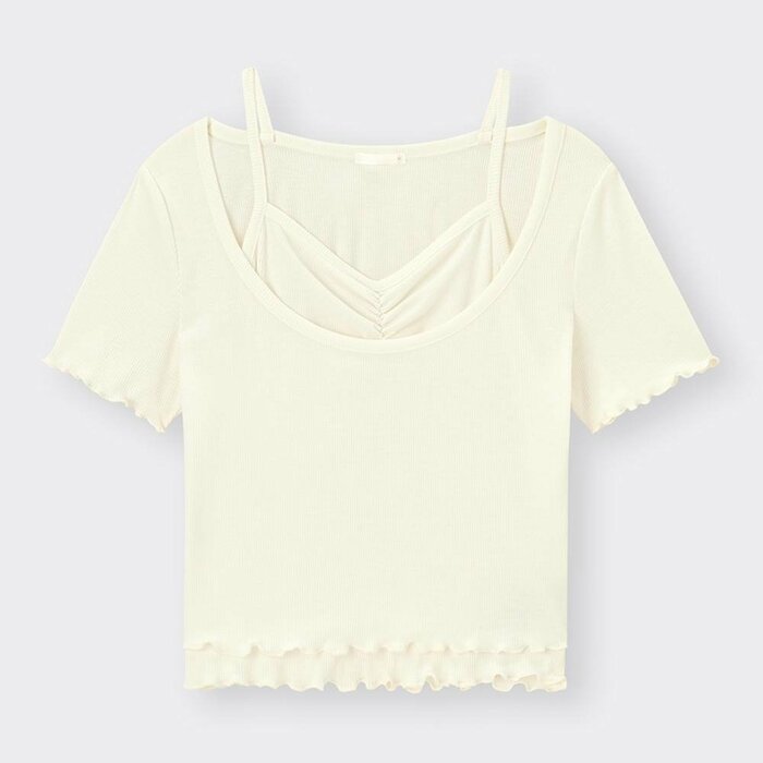 GU公式　キャミソールレイヤードルックT(半袖)Q