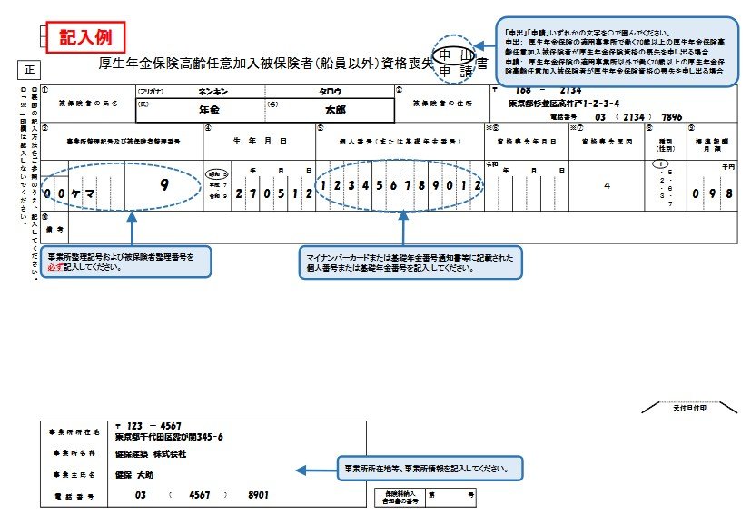 出所：厚生労働省「厚生年金保険　高齢任意加入被保険者（船員以外）資格喪失申出／申請書（記入例）」