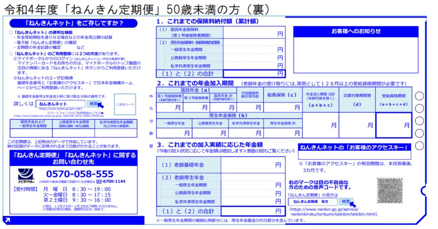 出所：日本年金機構「「ねんきん定期便」の様式（サンプル）と見方ガイド（令和4年度送付分）」