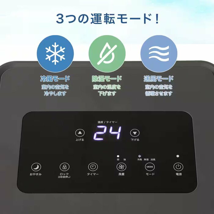 冷房機能だけでなく、除湿機能や送風機能も搭載されています