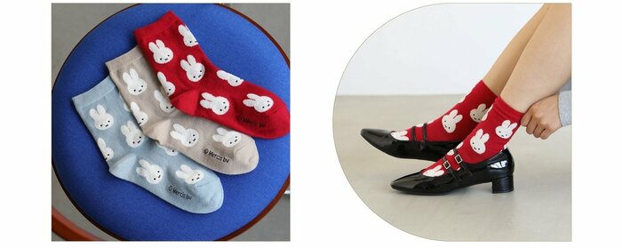 ミッフィーの可愛らしいお顔が靴下全体に散りばめられた総柄デザイン