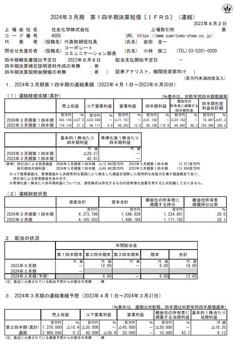 出所：住友化学「2024年3月期第1四半期決算短信」