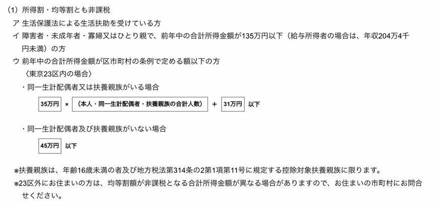 所得割と均等割が非課税になる場合