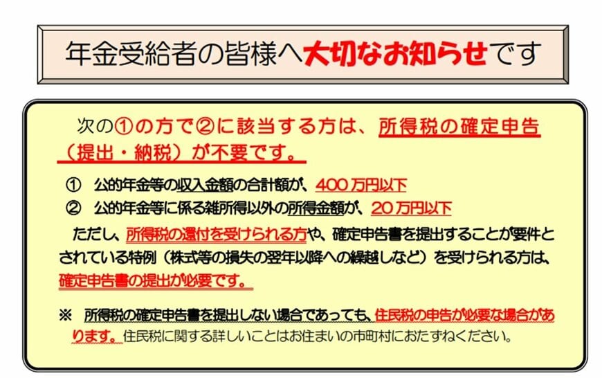 出所：国税庁「年金受給者の皆様へ 所得税の確定申告が不要になる場合があります！！」