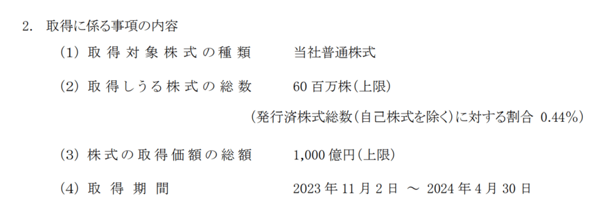出所：トヨタ自動車株式会社　自己株式取得に係る事項の決定に関するお知らせ