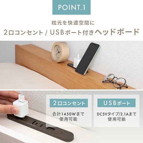 電源は2口コンセントとUSBポートを完備しています