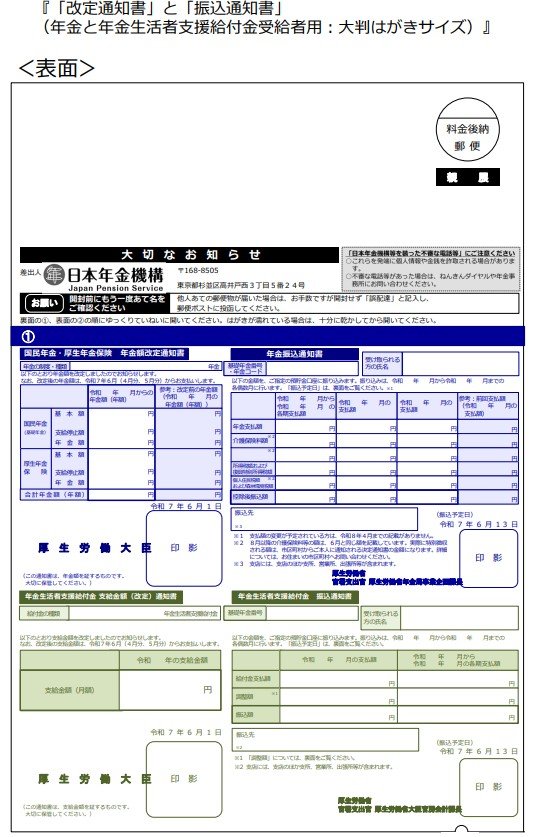 「改定通知書」と「振込通知書」（年金と年金生活者支援給付金受給者用：大判はがきサイズ）