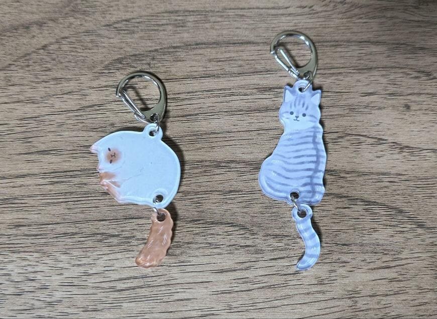 筆者撮影（セリア、ゆらゆらアクリルキーホルダー ふんわりねこ柄）