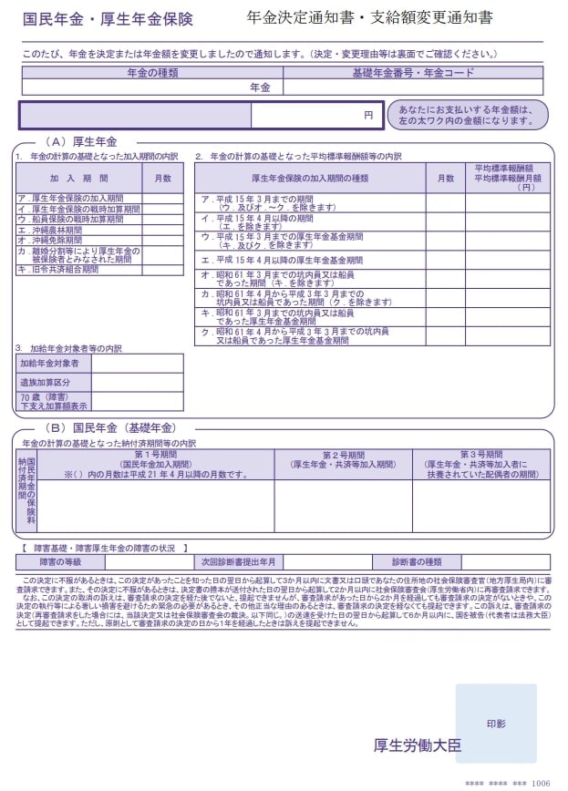 年金決定通知書・支払額変更通知書（見本）