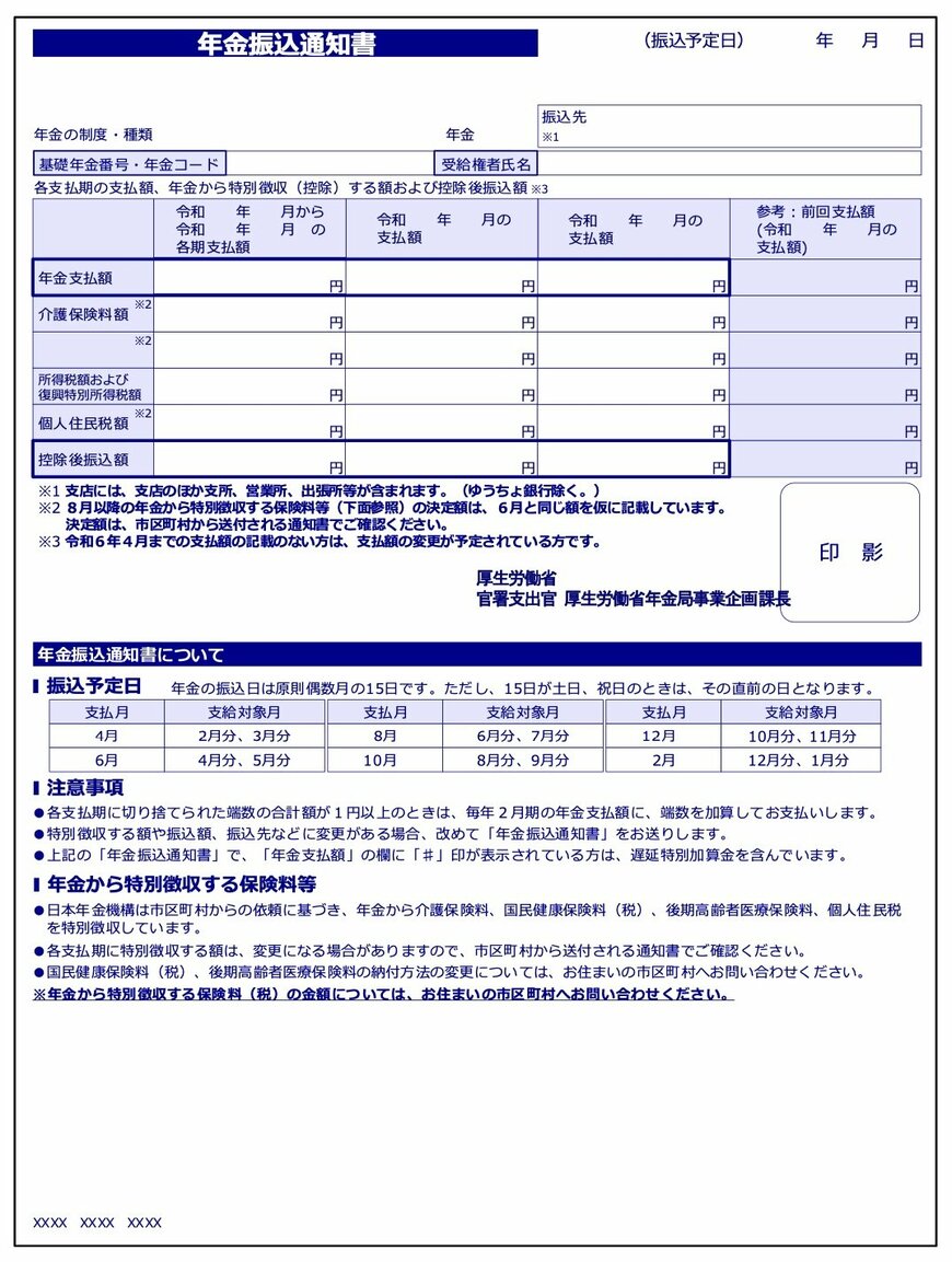 年金振込通知書の見本
