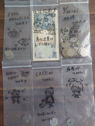 50円玉以上の小銭を、色んな積み立て袋に振り分ける