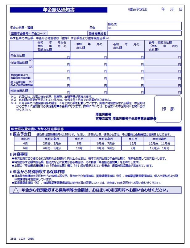 年金から天引きされる税や社会保険料が記載される「年金振込通知書」