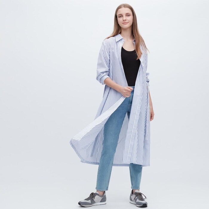 出所：ユニクロ公式 ストライプコットンAラインシャツワンピース（長袖・標準丈・110～121cm）