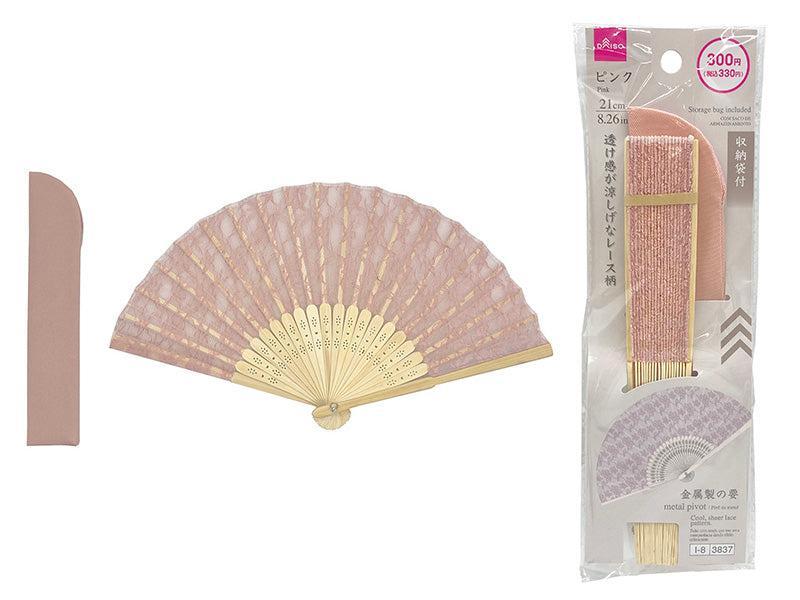 ダイソー、レース扇子（収納袋付、ピンク）商品画像