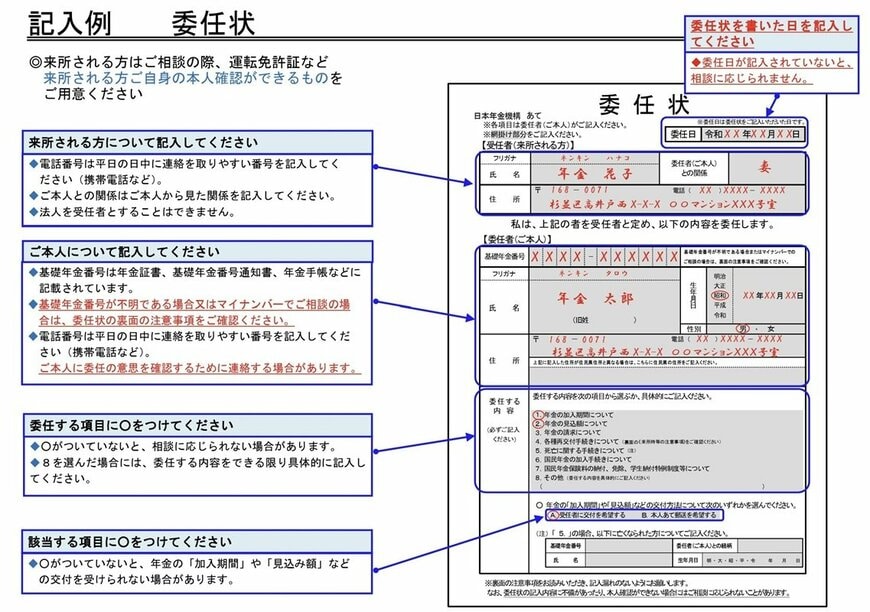 【記入例】年金相談や手続きを代理人に委任するときの委任状