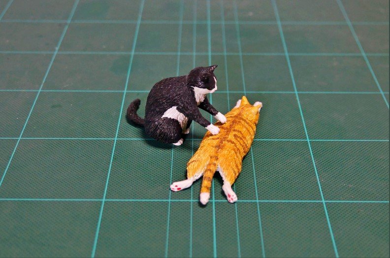 黒白猫さんがトラ猫さんの背中をふみふみマッサージします。