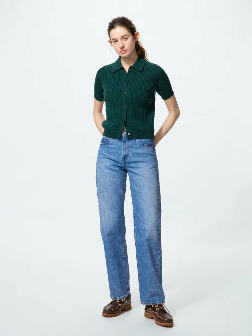 ユニクロ公式　リブポロカーディガン／半袖の画像