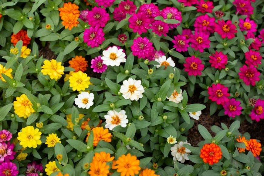 黄色、白、ピンクなど、色とりどりのジニアの花が咲いている