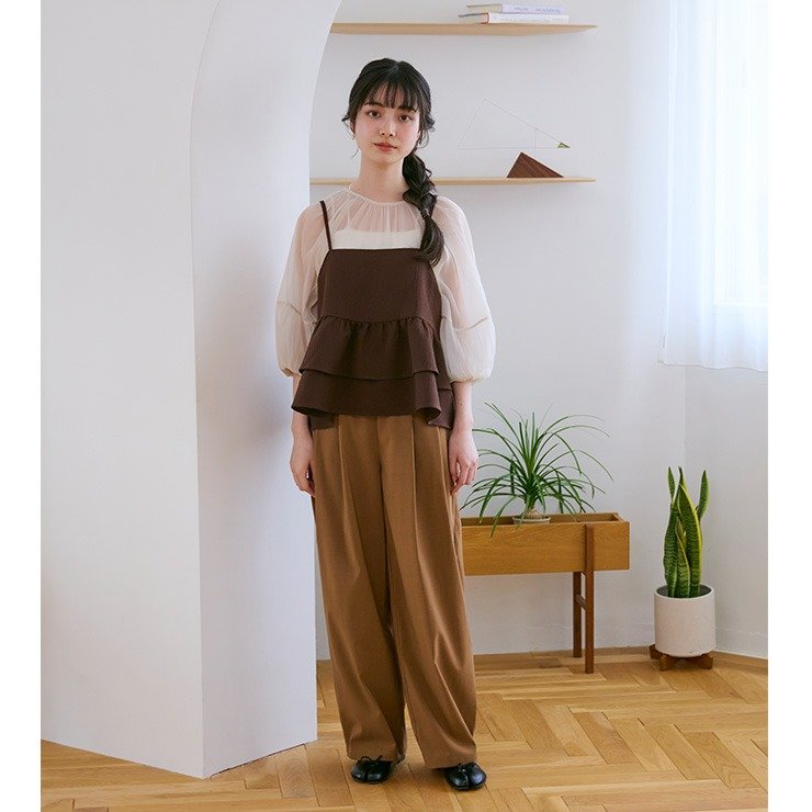 出所：しまむら公式　レディース　麻調ウエストタックイージーパンツ（choco）