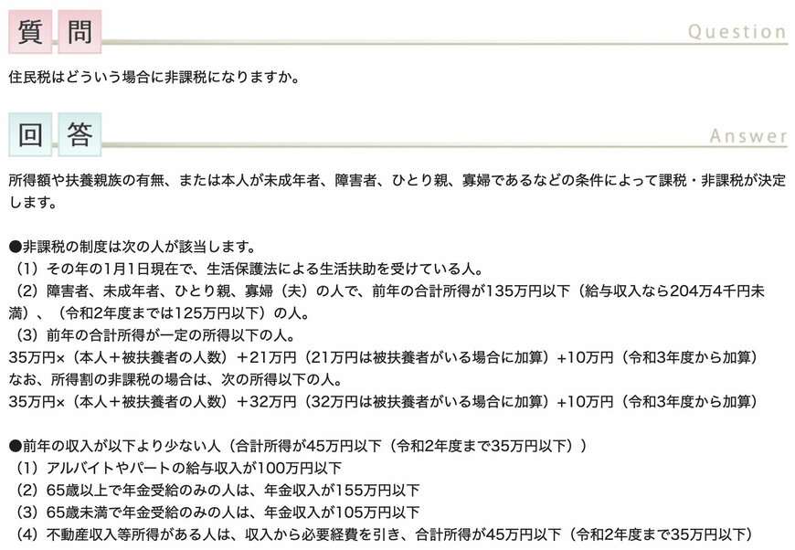 住民税非課税世帯の要件(例:東京都港区)