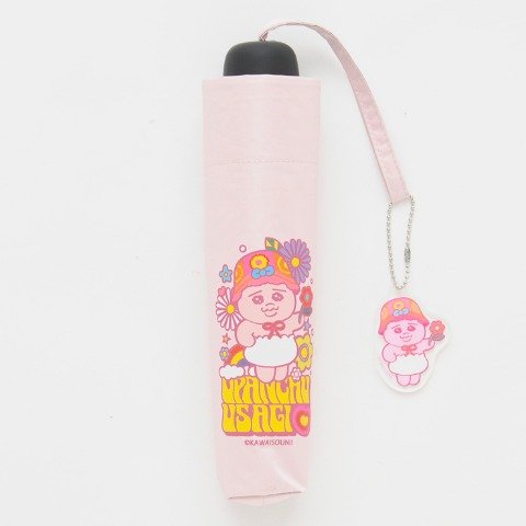 ピンクの生地に花柄おぱんちゅうさぎがデザインされた華やかな折り畳み傘