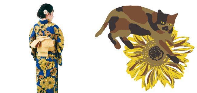 出所：株式会社フェリシモ『2023年もフェリシモ「猫部（TM）」からオリジナル浴衣が新登場！個性豊かなサビ猫さんと大輪のひまわりが大人っぽく彩る「サビ猫とひまわりのモダン浴衣」』