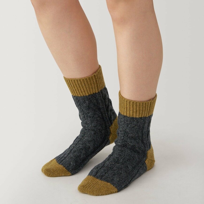 無印良品 婦人 足なり直角 ウール混 柄編み ルームソックス