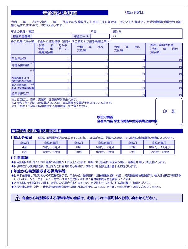 年金振込通知書(見本)
