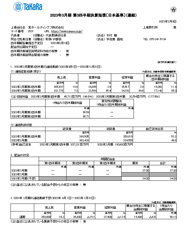 出所：宝ホールディングス株式会社「2023年3月期 第3四半期決算短信〔日本基準〕（連結）」