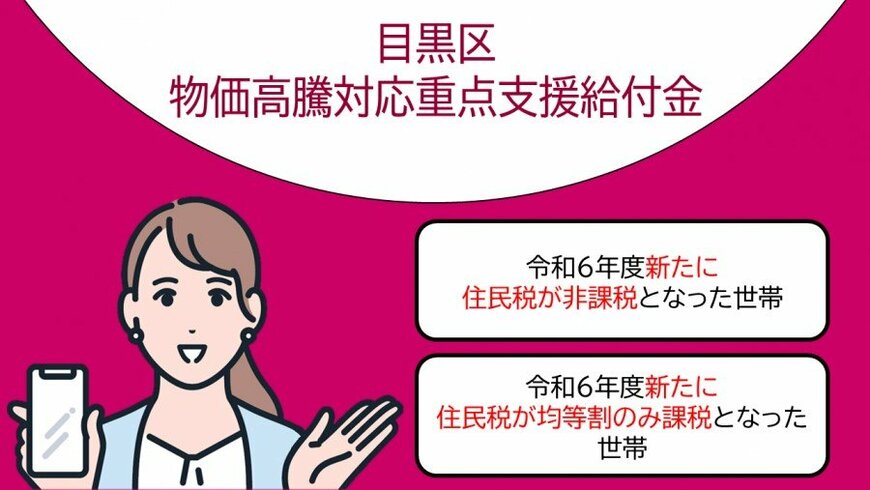 出所：目黒区「令和6年度新たに住民税非課税等となる世帯への給付金（1世帯あたり10万円・こども加算）のご案内」