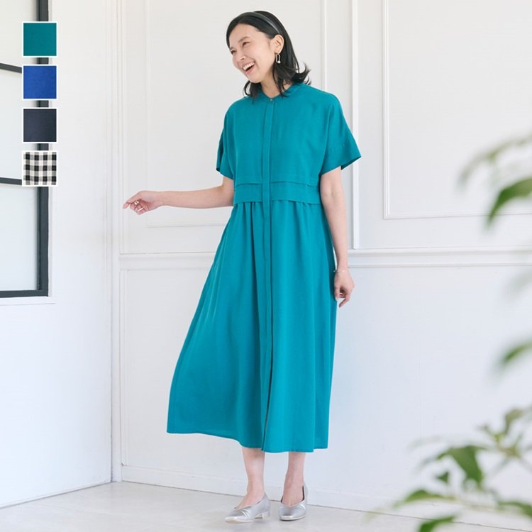 出所：ケユカ公式　リネン混タック切替シャツワンピース