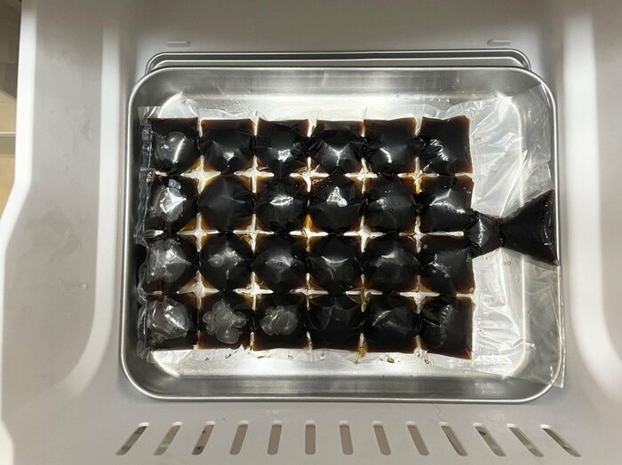 袋の口を上側にしてトレーごと冷凍庫で一晩凍らせます