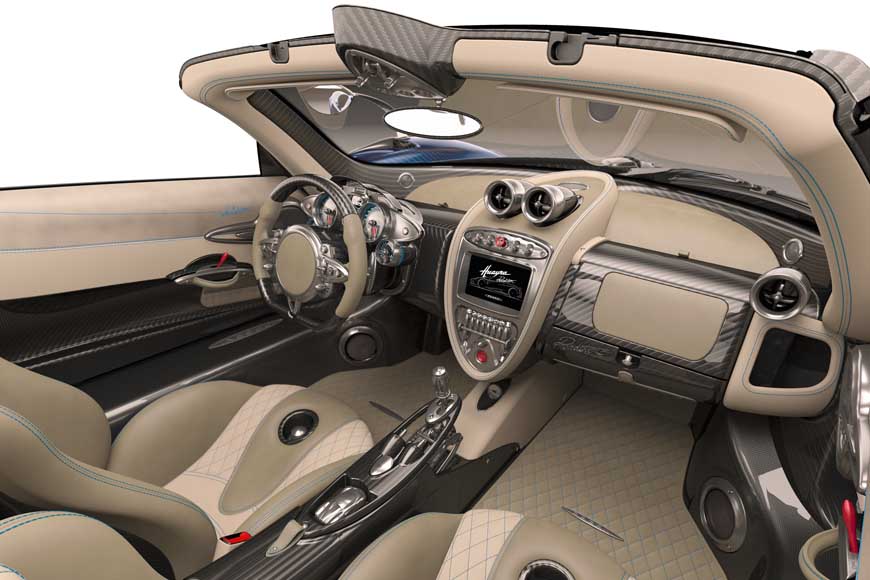 メッキやカーボンが使われクーペよりも豪華なインテリア（写真提供：パガーニ・ジャパン）
