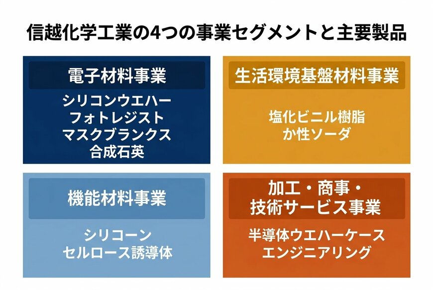 信越化学工業の4つの事業セグメントと主要製品