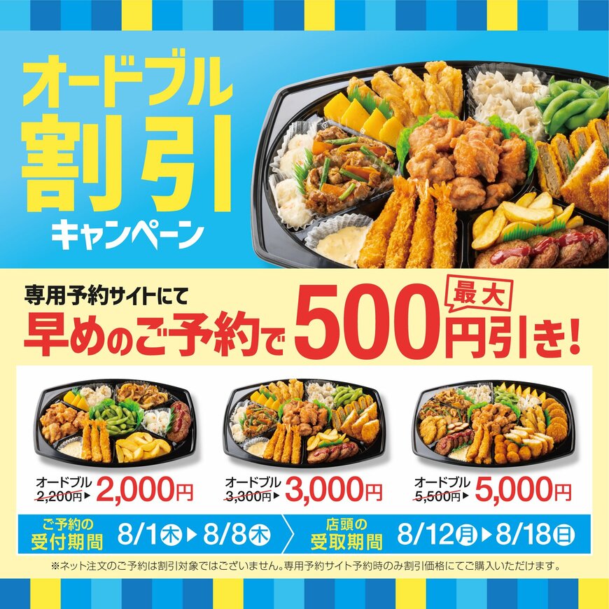 出所：株式会社プレナス「「ほっともっと」早めのご予約でオードブルが最大500円引き！『オードブル割引キャンペーン』」