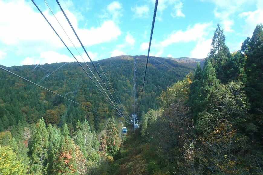 ゴンドラからの景色。深緑色の山と青い空