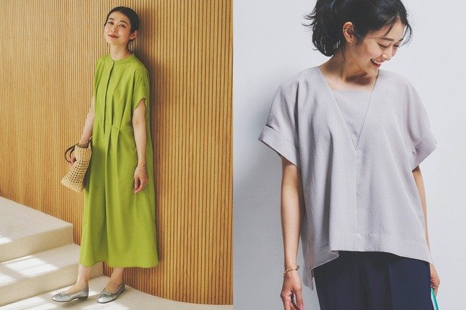 出所：KEYUCA公式　こだわりぬいたキレイめなシルエット、1枚でスタイルアップが叶う「リネンライクタックワンピース」「リネンライクVネックブラウス」が登場