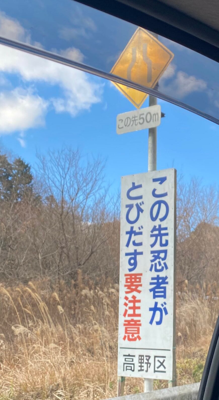 甲賀にある「忍者飛び出し注意」の道路標識