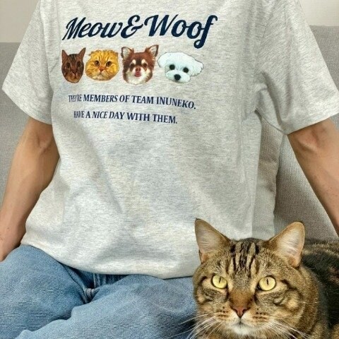 出所：しまむら公式　レディース　4匹集合Tシャツ（チーム犬猫）