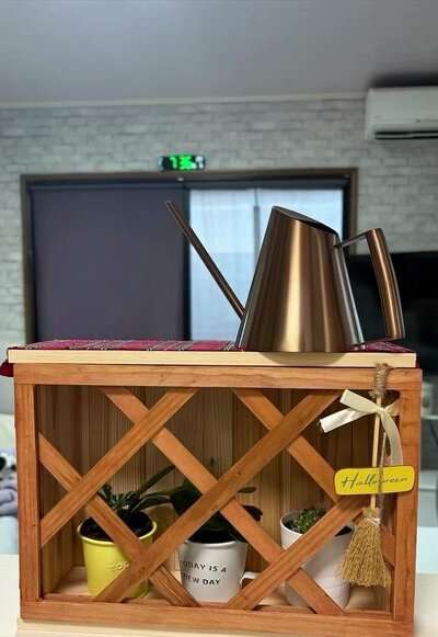 完成したラティス付きの木箱シェルフ